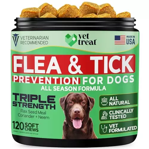 Flea and Tick Prevention for Dogs Chewables – All Natural Dog Flea & Tick Control – Flea Treatment for Dogs – Natural Repellent – Triple Strength – All Season Formula – 120 Tablets