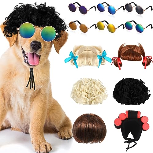 Tigeen 12 Pcs Funny Pet Cosplay Wig Sunglasses Hair Costumes Dog Cat Wigs Adjustable Heawear Apparel Toy Dress Up Decorations for Small Medium Dogs Cats Wigs Halloween, Christmas, Parties, Festivals