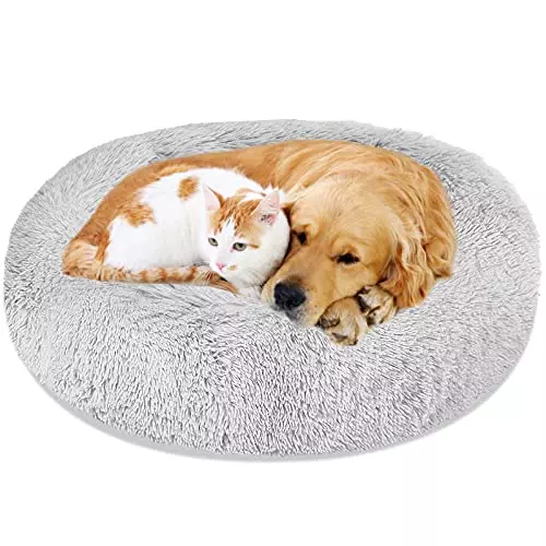 Calming Dog Bed Cat Bed, Washable Round Dog Bed – 23/30/36 inches Anti-Slip Faux Fur Donut Cuddler Cat Bed for Small Medium Large Dogs – Fits up to 25/45/100 lbs – Waterproof Bottom