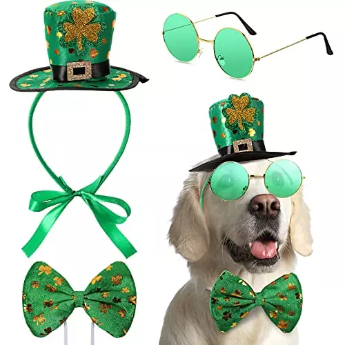 Yaomiao 3 Pcs St Patrick’s Day Dog Costume, St. Patty’s Day Doggie Headband Green Round PET Sunglasses and Green Shamrock Bow Tie Kit for Medium Large Dogs (Hat Style)