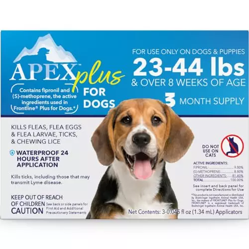 Apex Plus Flea Treatment for Dogs, Medium Dogs (23-44 lbs) — Dog Flea, Tick, Flea Eggs, Flea Larvae, and Chewing Lice Prevention Medicine for 30-Days — 3-Month Supply