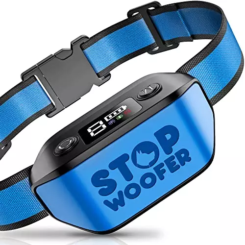 STOPWOOFER [New 2024] Dog Bark Collar – No Shock, No Pain – Rechargeable Barking Collar for Small, Medium and Large Dogs – w/2 Vibration & Beep Modes (Black/Blue)