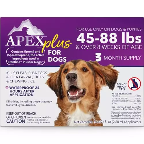 Apex Plus Flea Treatment for Dogs, Large Dogs (45-88 lbs) — Dog Flea, Tick, Flea Eggs, Flea Larvae, and Chewing Lice Prevention Medicine for 30-Days — 3-Month Supply