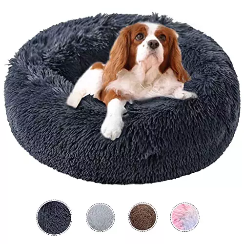 Kimpets Dog Bed Calming Dog Beds for Small Medium Dogs – Round Donut Washable Dog Bed, Anti-Slip Faux Fur Fluffy Donut Cuddler Anxiety Cat Bed(20″)