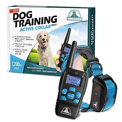 Pet Union PT0Z1 Premium Training Shock Collar for Dogs with Remote – Fully Waterproof, 4 Adjustable Training Modes – Shock, Vibration, Beep – Up to 1200ft Range