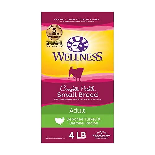 Wellness Complete Health Small Breed Dry Dog Food with Grains, Natural Ingredients, Made in USA with Real Turkey, For Dogs Up to 25 lbs, (Adult, Turkey & Oatmeal, 4-Pound Bag)