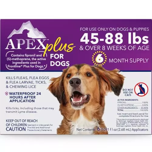 Apex Plus Flea Treatment for Dogs, Large Dogs (45-88 lbs) — Dog Flea, Tick, Flea Eggs, Flea Larvae, and Chewing Lice Prevention Medicine for 30-Days — 6-Month Supply