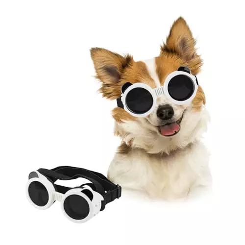 Dog Sunglasses for Small Breed, Small Dog Goggles for Puppy Cats, Goggles Eye Protection Windproof Dustproof Anti-UV with Adjustable Straps Pet Glasses Outdoor, Black-White
