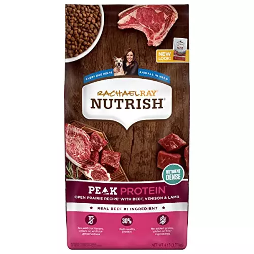 Rachael Ray Nutrish PEAK Natural Dry Dog Food, Open Prairie Recipe with Beef, Venison & Lamb, 4 Pound Bag, Grain Free (Packaging May Vary)