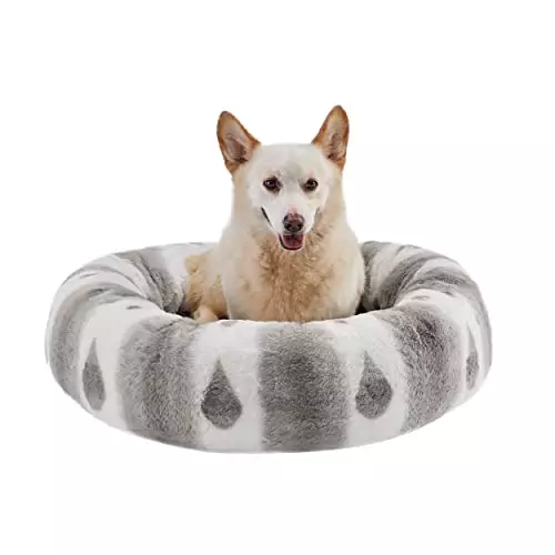 Best Friends by Sheri Patterned Lux Faux Fur Calming Large Donut Dog Bed, Gray, 30″ x 30″