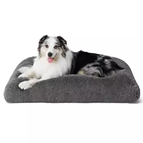 Bedsure Large Dog Bed Washable, Plush Calming Dog Crate Beds for Large Breed, Fulffy Dogs Sleeping Mat, Anti-Slip Pet Kennel Pad, 35″ x 23″, Dark Grey