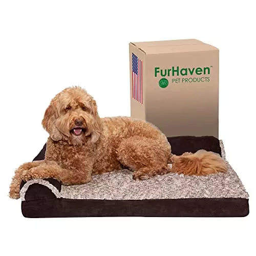 Furhaven Orthopedic Dog Bed for Large/Medium Dogs w/ Removable Bolsters & Washable Cover, For Dogs Up to 55 lbs – Two-Tone Plush Faux Fur & Suede L Shaped Chaise – Espresso, Large