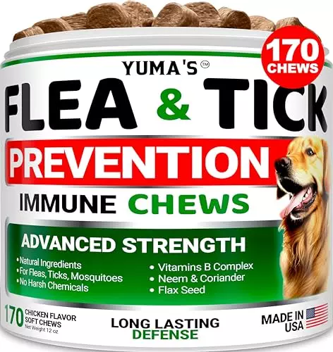 Flea and Tick Prevention for Dogs Chewables – 170 Treats – Natural Dog Flea and Tick Treatment Chewable – Flea and Tick Chews for Dogs – Soft Oral Flea Pills for Dogs – All Breeds & Ages – Made in USA