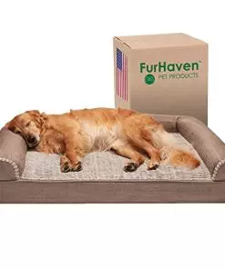 Furhaven Orthopedic Dog Bed for Large Dogs w/ Removable Bolsters & Washable Cover, For Dogs Up to 95 lbs – Luxe Faux Fur & Performance Linen Sofa – Woodsmoke, Jumbo/XL