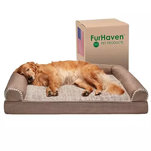 Furhaven Orthopedic Dog Bed for Large Dogs w/ Removable Bolsters & Washable Cover, For Dogs Up to 95 lbs – Luxe Faux Fur & Performance Linen Sofa – Woodsmoke, Jumbo/XL
