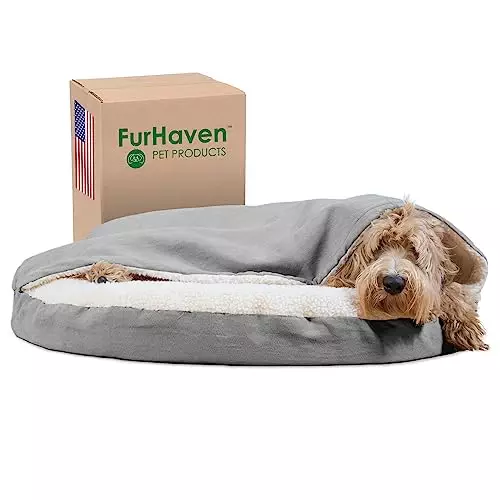 Furhaven 35″ Round Orthopedic Dog Bed for Large/Medium Dogs w/ Removable Washable Cover, For Dogs Up to 50 lbs – Sherpa & Suede Snuggery – Gray, 35-inch