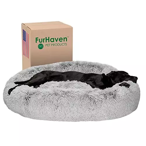 Furhaven 45″ Round Calming Donut Dog Bed for Large Dogs, Refillable w/ Removable Washable Cover, For Dogs Up to 90 lbs – Shaggy Plush Long Faux Fur Donut Bed – Mist Gray, Jumbo/XL, 45.0″x45.0″x9.0″