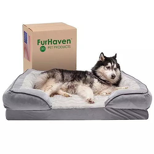 Furhaven Memory Foam Dog Bed for Large Dogs w/ Removable Bolsters & Washable Cover, For Dogs Up to 95 lbs – Plush & Velvet Waves Perfect Comfort Sofa – Granite Gray, Jumbo/XL, 40.0″L x 32.0″W x 9.5″Th