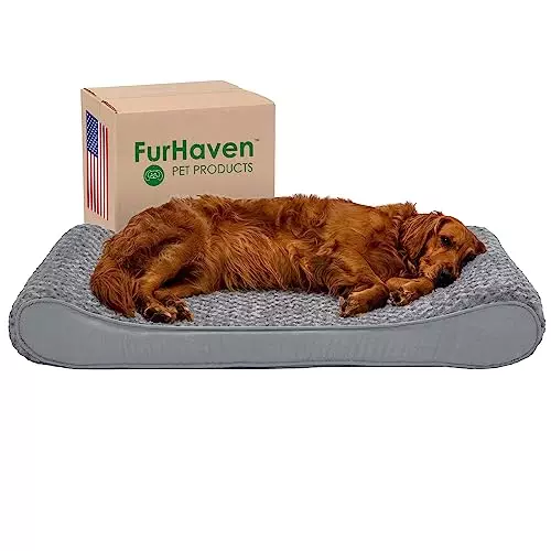 Furhaven Orthopedic Dog Bed for Large Dogs w/ Removable Washable Cover, For Dogs Up to 75 lbs – Ultra Plush Faux Fur & Suede Luxe Lounger Contour Mattress – Gray, Jumbo/XL