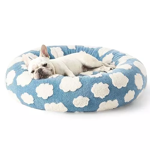 Lesure Donut Small Dog Bed – Round Cat Beds for Indoor Cats Calming Pet Beds, Cute Modern Beds with Jacquard Shaggy Plush & Anti Slip Bottom, 30 Inch, Blue