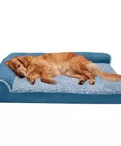 Furhaven Orthopedic Dog Bed for Large Dogs w/ Removable Bolsters & Washable Cover, For Dogs Up to 95 lbs – Two-Tone Plush Faux Fur & Suede L Shaped Chaise – Marine Blue, Jumbo/XL