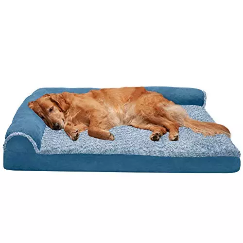 Furhaven Orthopedic Dog Bed for Large Dogs w/ Removable Bolsters & Washable Cover, For Dogs Up to 95 lbs – Two-Tone Plush Faux Fur & Suede L Shaped Chaise – Marine Blue, Jumbo/XL