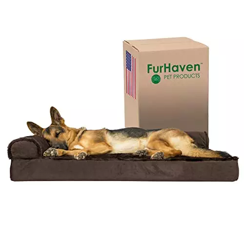 Furhaven Orthopedic Dog Bed for Large Dogs w/ Removable Bolsters & Washable Cover, For Dogs Up to 95 lbs – Plush & Velvet L Shaped Chaise – Sable Brown, Jumbo/XL