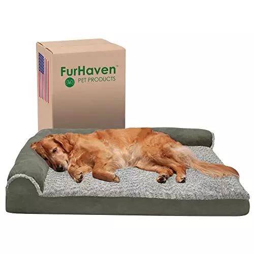 Furhaven Orthopedic Dog Bed for Large Dogs w/ Removable Bolsters & Washable Cover, For Dogs Up to 95 lbs – Two-Tone Plush Faux Fur & Suede L Shaped Chaise – Dark Sage, Jumbo/XL