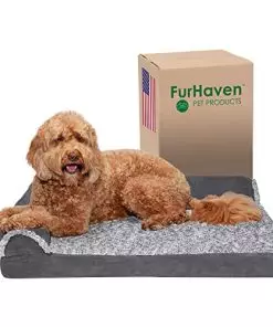 Furhaven Orthopedic Dog Bed for Large/Medium Dogs w/ Removable Bolsters & Washable Cover, For Dogs Up to 55 lbs – Two-Tone Plush Faux Fur & Suede L Shaped Chaise – Stone Gray, Large