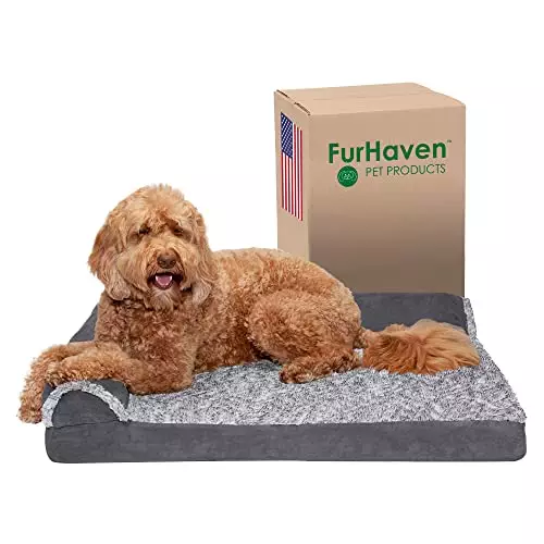 Furhaven Orthopedic Dog Bed for Large/Medium Dogs w/ Removable Bolsters & Washable Cover, For Dogs Up to 55 lbs – Two-Tone Plush Faux Fur & Suede L Shaped Chaise – Stone Gray, Large