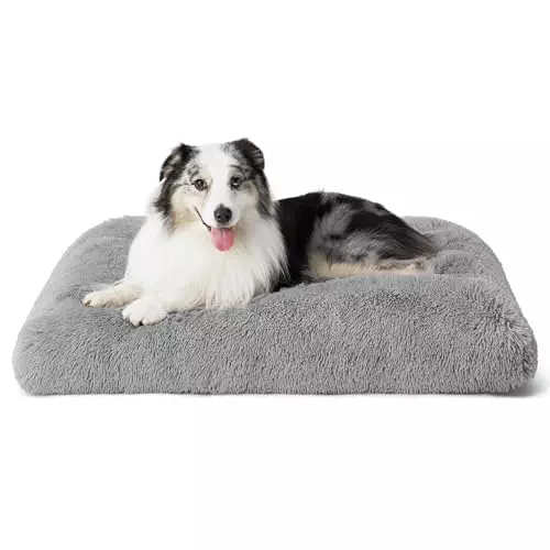 Bedsure Large Dog Bed Washable, Plush Calming Dog Crate Beds for Large Breed, Fulffy Dogs Sleeping Mat, Anti-Slip Pet Kennel Pad, 35″ x 23″, Grey
