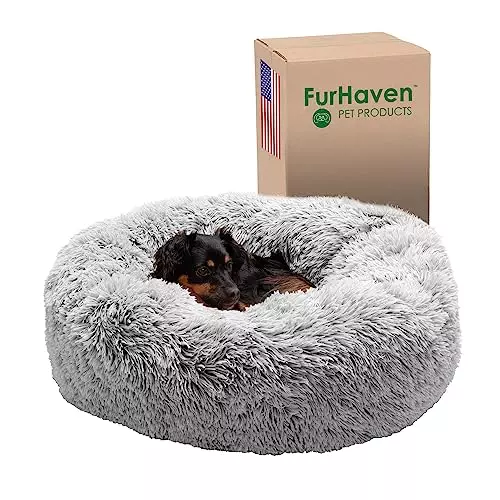Furhaven 30″ Round Calming Donut Dog Bed for Medium/Small Dogs, Refillable w/ Removable Washable Cover, Up to 45 lbs – Shaggy Plush Long Faux Fur Donut Bed -Mist Gray, Medium,30.0″L x 30.0″W x 10.0″Th