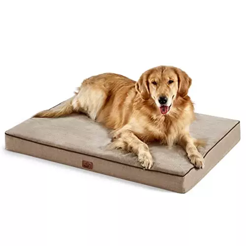 Bedsure Memory Foam Dog Bed for Extra Large Dogs – Orthopedic Waterproof Dog Bed for Crate with Removable Washable Cover and Nonskid Bottom – Plush Flannel Fleece Top Pet Bed, Khaki