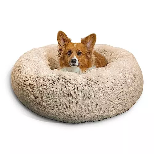 Best Friends by Sheri The Original Calming Donut Cat and Dog Bed in Shag Fur Taupe, Medium 30″