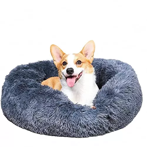 Calming Dog Bed & Cat Bed, 23″ Anti-Anxiety Donut Dog Cuddler Bed, Warming Cozy Soft Dog Round Bed, Fluffy Faux Fur Plush Dog Cat Cushion Bed for Small Medium Dogs and Cats