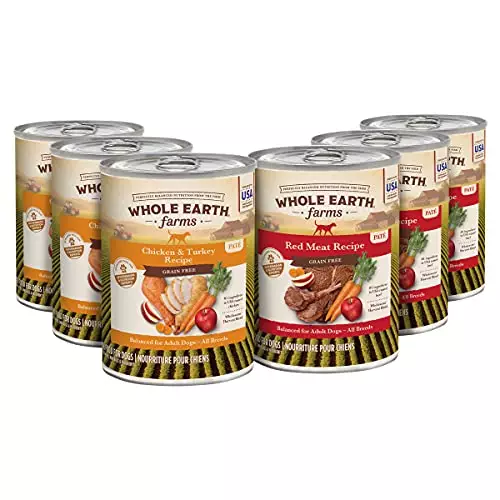 Whole Earth Farms Grain Free Soft Canned Wet Dog Food Pate Variety Pack, Chicken and Turkey, Red Meat Recipes – (12) 9.5 LB Cans