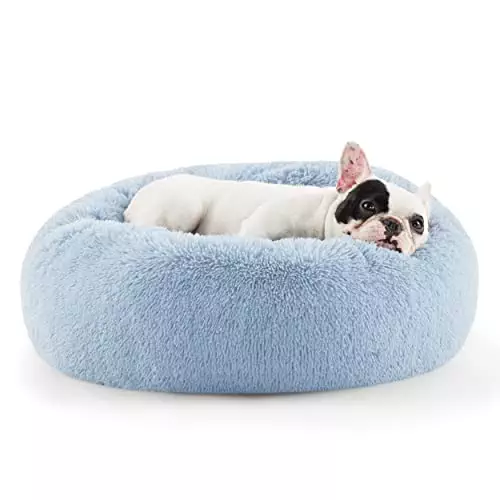 Bedsure Calming Dog Bed for Small Dogs – Donut Washable Small Pet Bed, Round Anti-Slip Fluffy Plush Faux Fur Large Cat Bed, Fits up to 25 lbs Pets, Blue, 23 inches