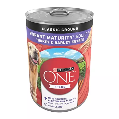 Purina ONE Plus Classic Ground Vibrant Maturity Adult 7 Plus Turkey And Barley Entree Senior Dog Food – (Pack of 12) 13 oz. Cans