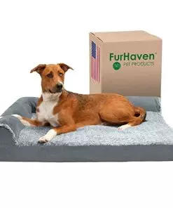 Furhaven Cooling Gel Dog Bed for Large Dogs w/ Removable Bolsters & Washable Cover, For Dogs Up to 95 lbs – Two-Tone Plush Faux Fur & Suede L Shaped Chaise – Stone Gray, Jumbo/XL