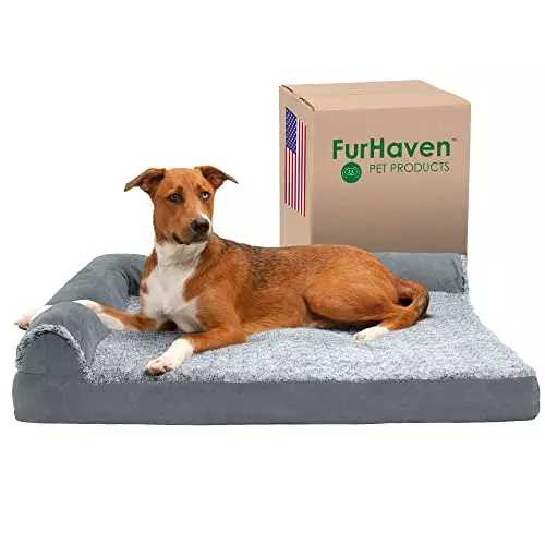 Furhaven Cooling Gel Dog Bed for Large Dogs w/ Removable Bolsters & Washable Cover, For Dogs Up to 95 lbs – Two-Tone Plush Faux Fur & Suede L Shaped Chaise – Stone Gray, Jumbo/XL