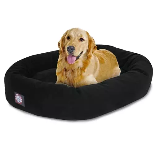 Majestic Pet 40 Inch Suede Calming Dog Bed Washable – Cozy Soft Round Dog Bed with Spine Support for Dogs to Rest their Head – Fluffy Donut Dog Bed 40x29x9 (Inch) – Round Pet Bed Large – Black