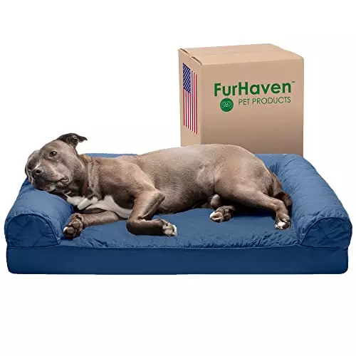 Furhaven Orthopedic Dog Bed for Large/Medium Dogs w/ Removable Bolsters & Washable Cover, For Dogs Up to 55 lbs – Quilted Sofa – Navy (Blue), Large