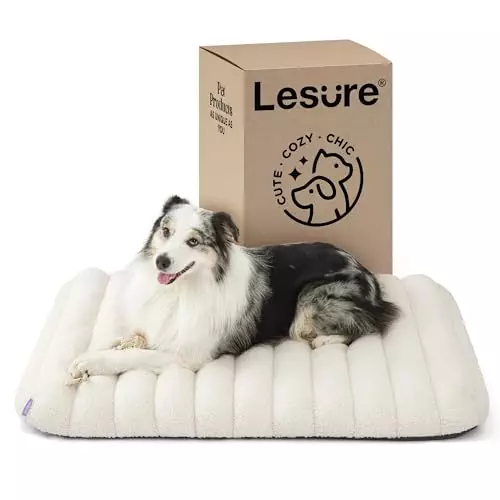 Lesure 4 Inch Thick Orthopedic Foam Dog Bed for Large Dogs, Waterproof Chic Flat Dog Bed with Removable Cover, Cute Fuzzy Pet Beds for Indoor Dogs (36″ x 27″, Cream)