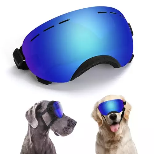Large Dog Sunglasses Dog Goggles Pet Glasses Pet Eyewear with Adjustable Strap,Glasses for Medium Large Dog Swimming Skating Glasses UV Proof Windproof Dustproof (Black-Blue)
