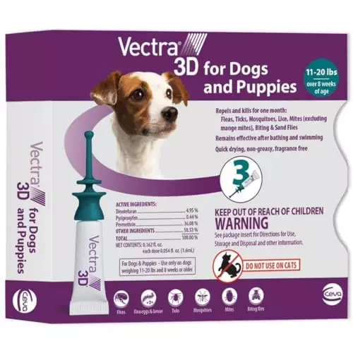 Vectra 3D for Dogs Flea, Tick & Mosquito Treatment & Prevention for Small Dogs (11 – 20 lbs) , 3 month supply