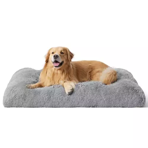 Bedsure Extra Large Dog Bed Washable, Plush Calming Dog Crate Beds for Large Breed, Fulffy Dogs Sleeping Mat, Anti-Slip Pet Kennel Pad, 41″ x 29″, Grey