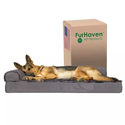 Furhaven Orthopedic Dog Bed for Large Dogs w/ Removable Bolsters & Washable Cover, For Dogs Up to 95 lbs – Plush & Velvet L Shaped Chaise – Platinum Gray, Jumbo/XL