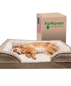 Furhaven Cooling Gel Dog Bed for Large Dogs w/ Removable Bolsters & Washable Cover, For Dogs Up to 95 lbs – Plush & Velvet Waves Perfect Comfort Sofa – Brownstone, Jumbo/XL