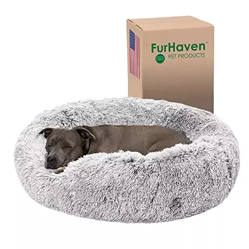 Furhaven 36″ Round Calming Donut Dog Bed for Large/Medium Dogs, Refillable w/ Removable Washable Cover, For Dogs Up to 75 lbs – Shaggy Plush Long Faux Fur Donut Bed – Mist Gray, Large