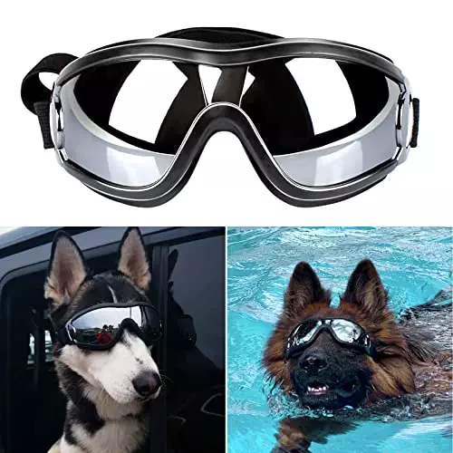 PEDOMUS Dog Sunglasses Dog Goggles Adjustable Strap for Travel Skiing and Anti-Fog Dog Snow Goggles Pet Goggles for Medium to Large Dog Black